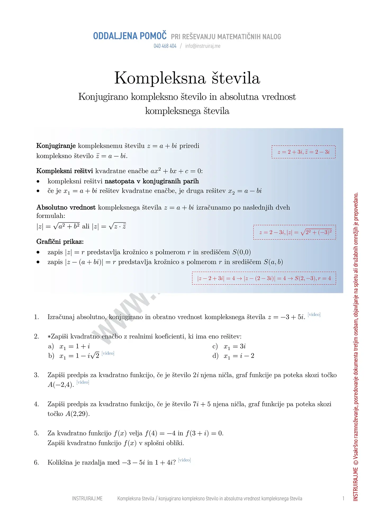 Kompleksna števila: Konjugirano kompleksno število in absolutna vrednost kompleksnega števila