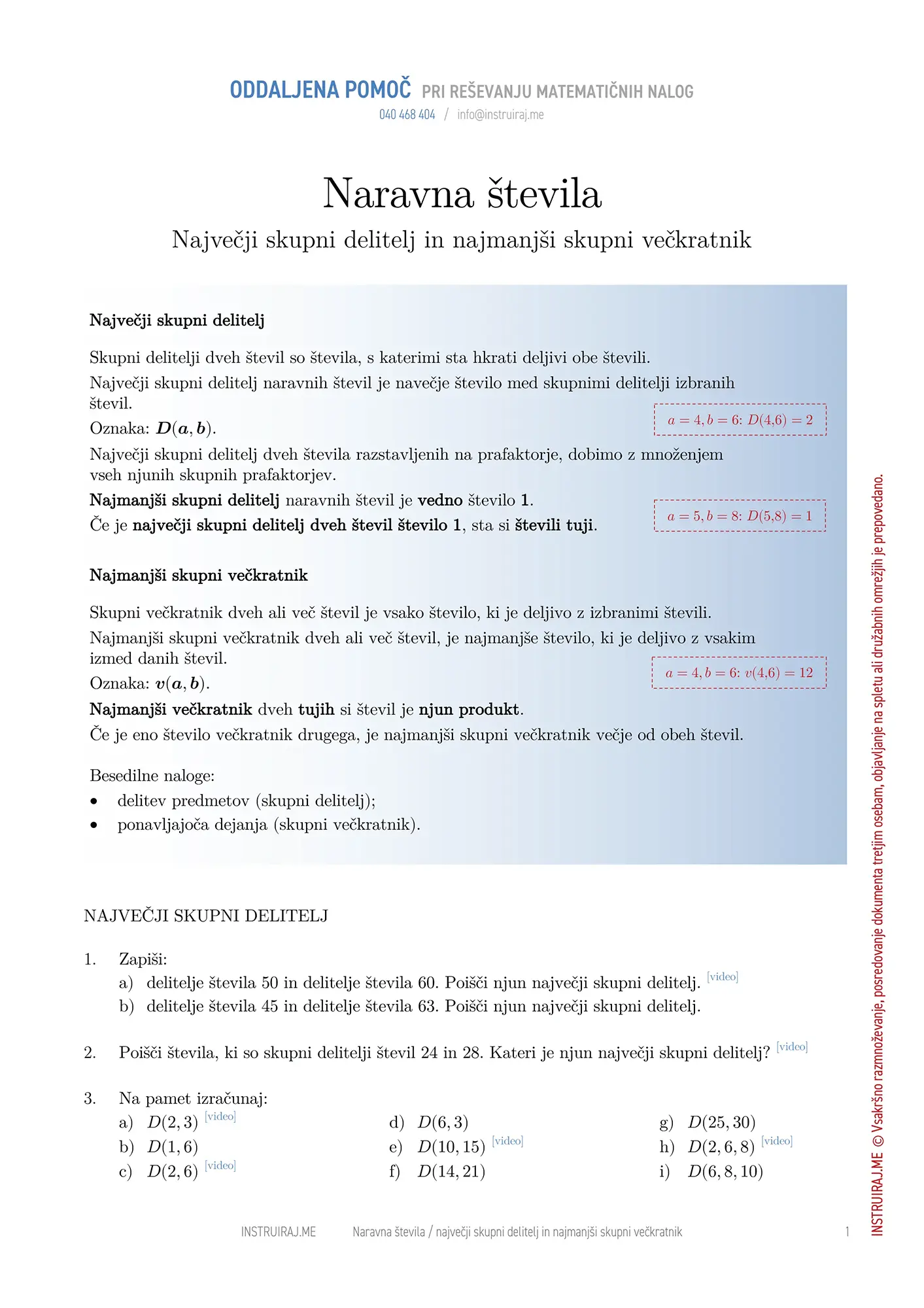 Naravna števila: Največji skupni delitelj in najmanjši skupni večkratnik