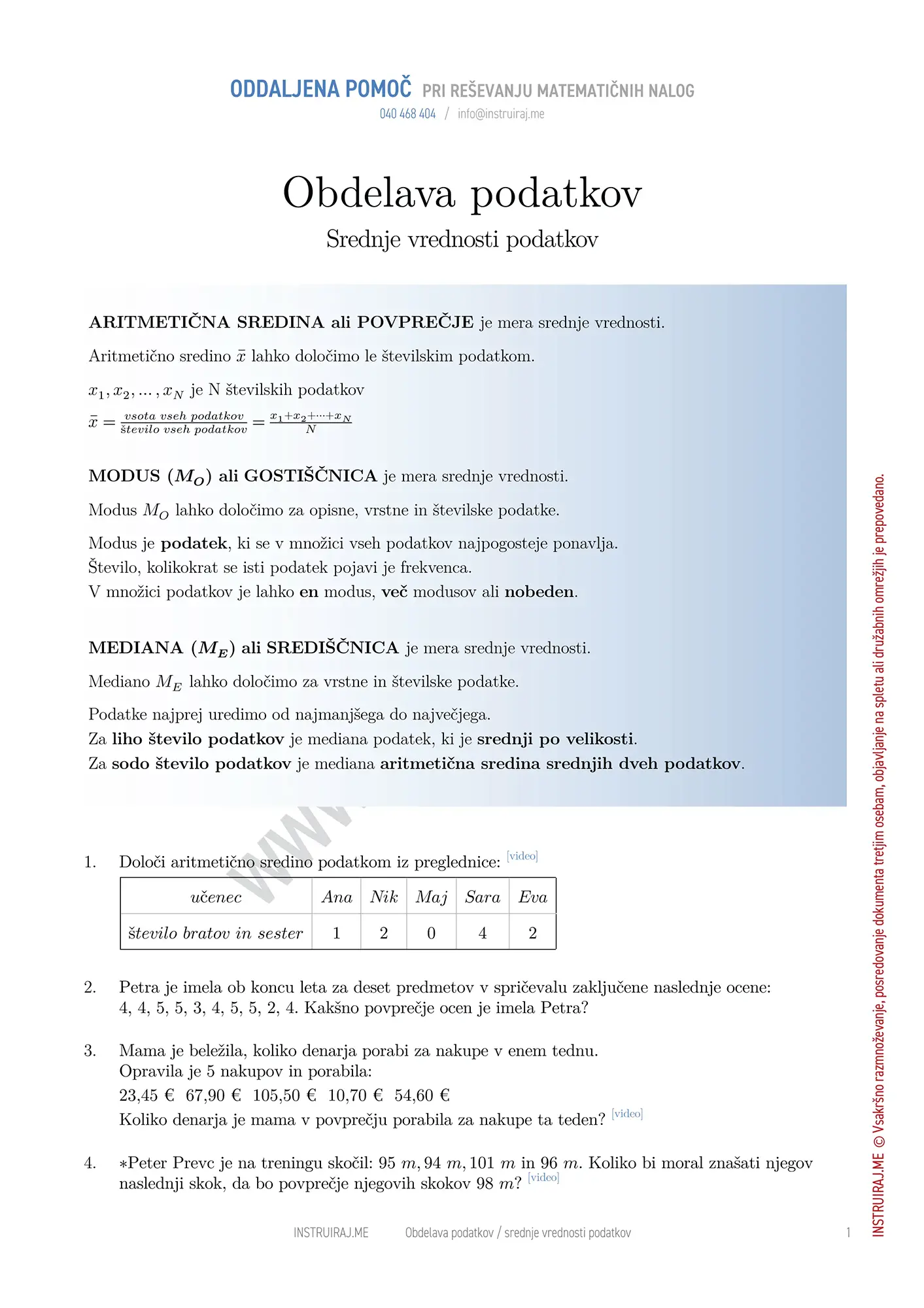 Obdelava podatkov: Srednje vrednosti podatkov
