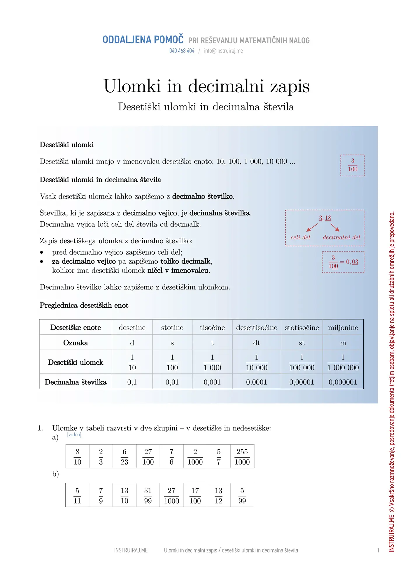 Desetiški ulomki in decimalna števila